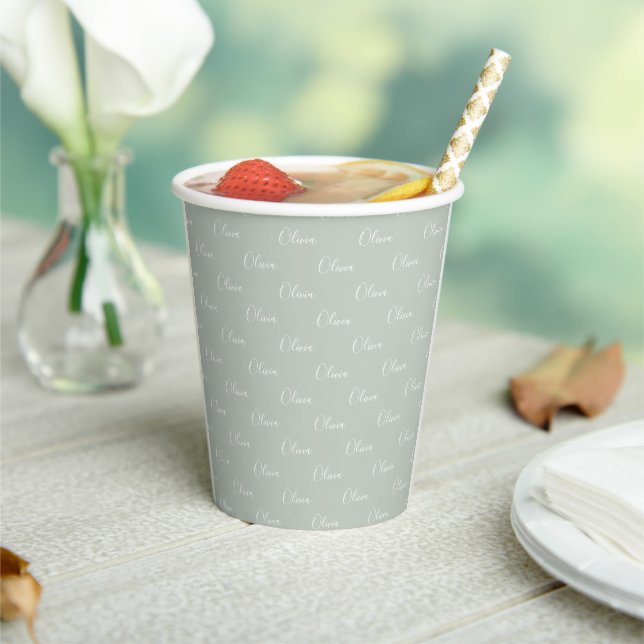 Name Customised Sage Green White Script Paper Cups (Insitu)