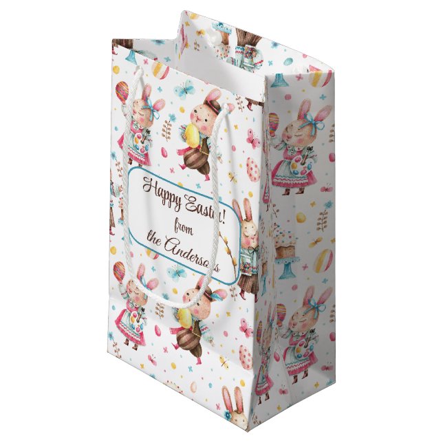 Name, Cute Festive Easter Bunnies Pattern Small Gift Bag (Front Angled)