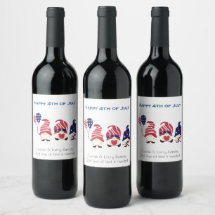 Name, Cute Funny Gnomes 4th of July Red White Blue Wine Label