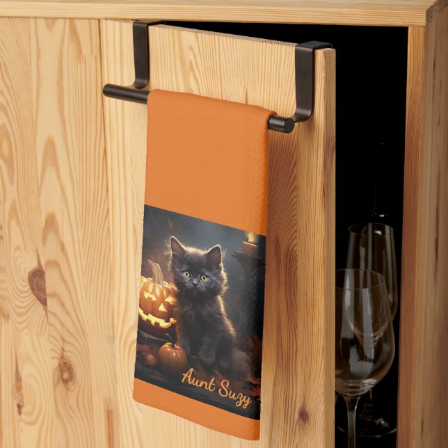 Name, Cute Halloween Kitten, Jack o Lantern Tea Towel (Thirds Fold)