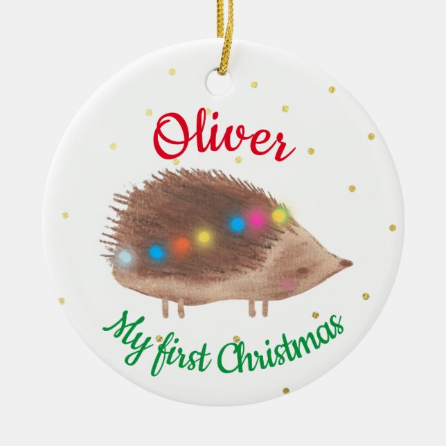 Name Cute Hedgehog Baby First Christmas  Ceramic Tree Decoration (Front)