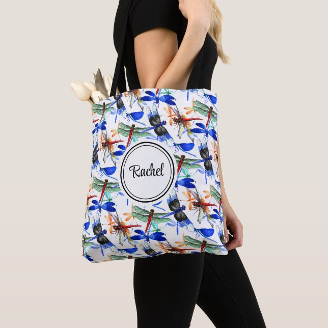 Name, Cute Watercolor Dragonfly Pattern 16-in Tote Bag (Close Up)