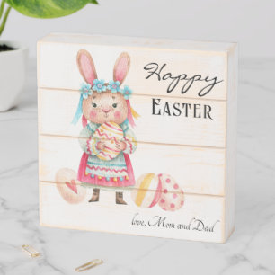 Name, Cute Watercolor Happy Easter Bunny 6x6-in Wooden Box Sign