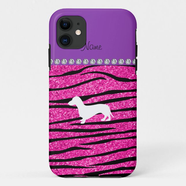 Name dachshund neon hot pink glitter zebra stripes Case-Mate iPhone case (Back)