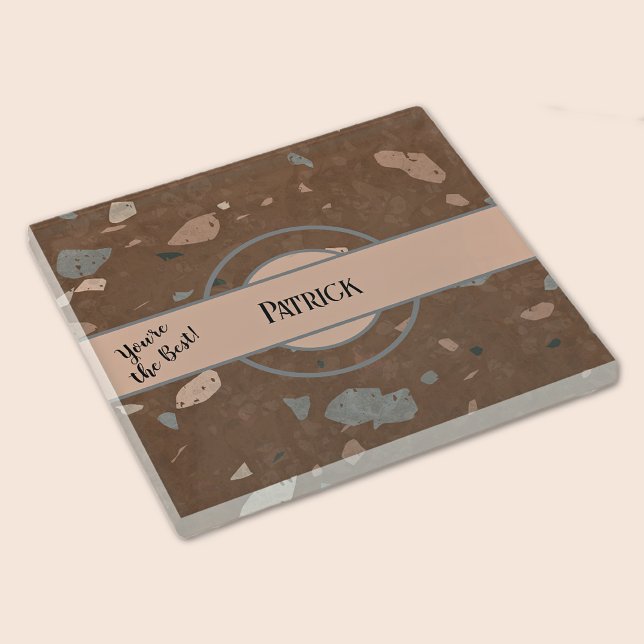 Name, Dark Brown & Earth Tones Terrazzo Glass Coaster (Creator Uploaded)
