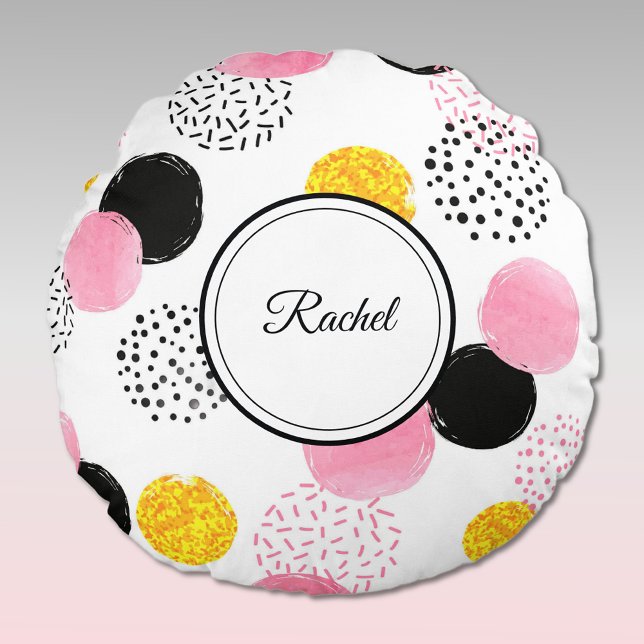 Name, Dark Grey Pink Gold Abstract Round Cushion (Creator Uploaded)