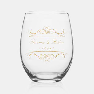 Name & Date Modern Elegant Gold Swirl Wedding Stemless Wine Glass