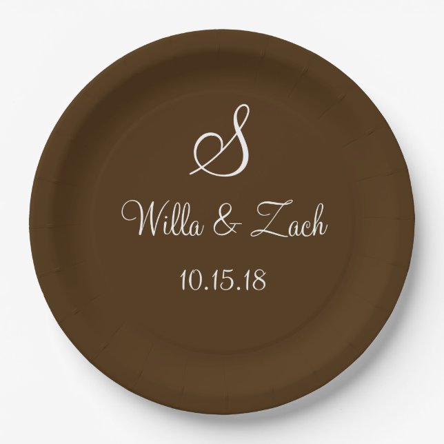 Name Date Monogram Autumn Fall Wedding Brown White Paper Plate (Front)