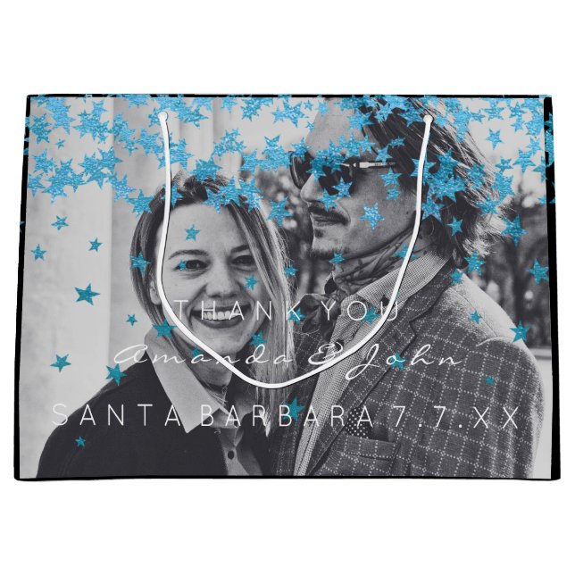 Name Date Photo Wedding Favour Thank You Blue Star Large Gift Bag (Front)