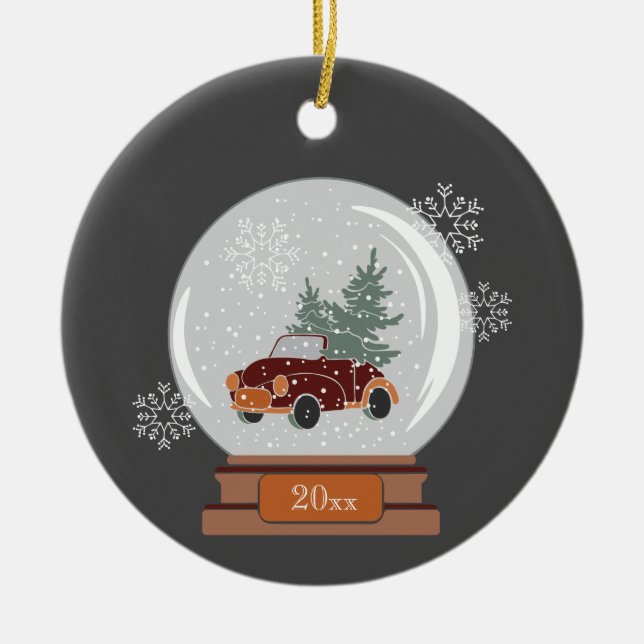 Name & Date | Snow Globe with Car & Tree Ceramic Tree Decoration (Front)
