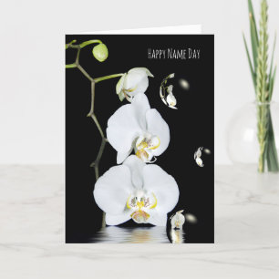 Name Day white orchids with bubble reflection Card