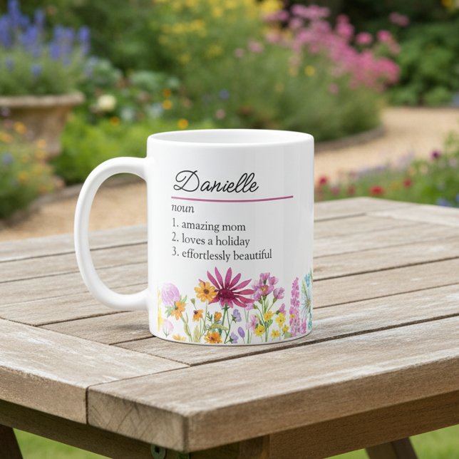 Name Definition with Feminine Wildflower Border Coffee Mug (Personalized Mug with Wildflower Border - create your own name definition)