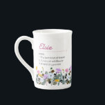 Name Definition with Sweet Wildflower Border Bone China Mug<br><div class="desc">Wildflower mug with custom name definition. The personalisation template is ready for you to add your name and your chosen definition, listing 3 attributes which could be true, funny, good or bad. The design features simple watercolor wild flowers in pink lilac yellow and blue. It is lettered with modern retro...</div>