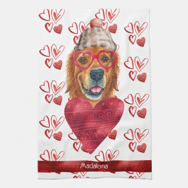 Name Dog Lover Valentine Gift Golden Retriever Tea Towel (Vertical)