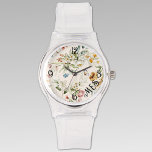 Name, Dutch Florals, Clear Silicone Womens Watch<br><div class="desc">This is an 80s style clear silicone buckle strap round watch with stylish primary numbers. A elegant ladies watch with watercolor 1600s Dutch still life florals printed on a linen colour background, black primary numbers and stylish monogram. Easily change or remove initials using the Template provided. Also available are white...</div>