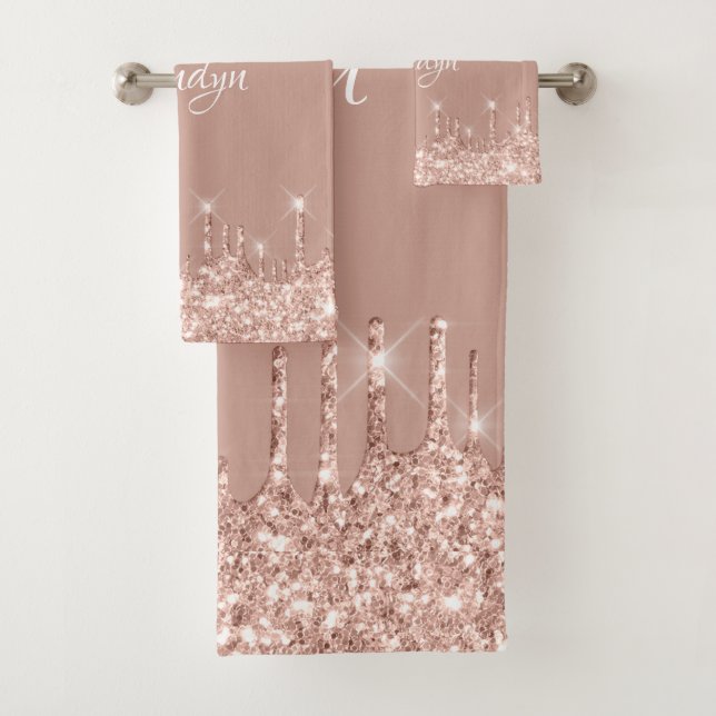 Name Elegant Glitter Drips Pink Rose Blush Bath Towel Set (Insitu)