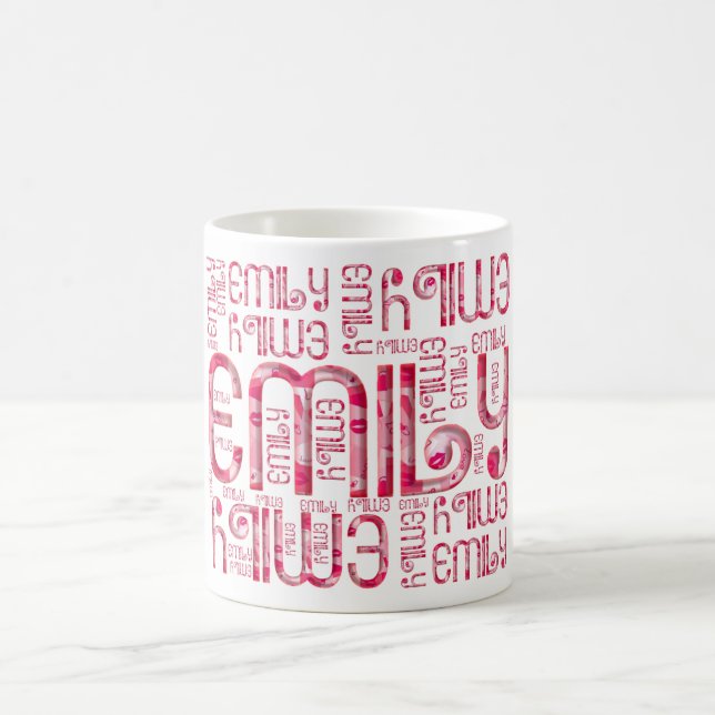 Name Emily Cute Pink Love Heart Typography Mug (Center)