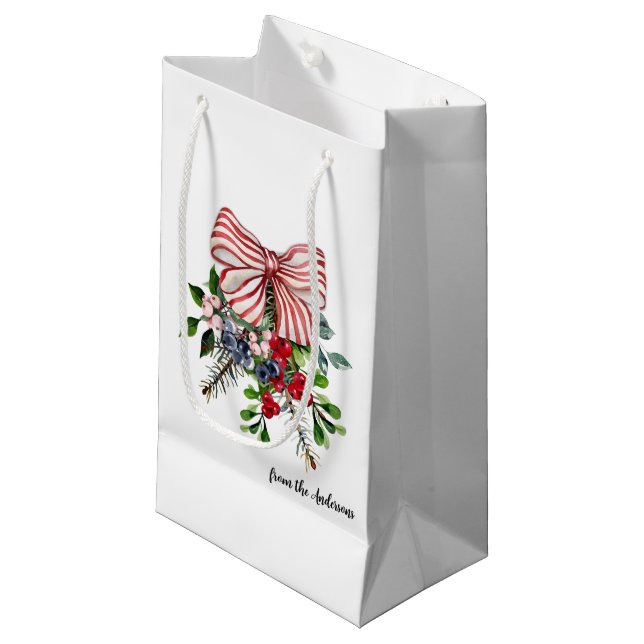Name || Evergreen Berries and Red White Stripe Bow Small Gift Bag (Front Angled)