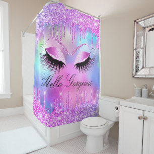 Name Eyelashes Bridal Makeup Pink  Drips Holograph Shower Curtain