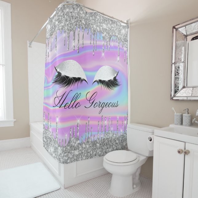 Name Eyelashes Makeup Silver Girly Drips Holograph Shower Curtain (In Situ)