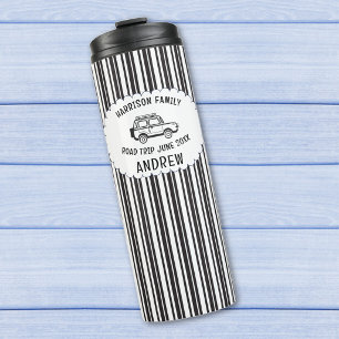 Name, Family Road Trip Black White Stripes Thermal Tumbler