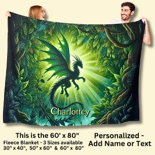 Name, Fantasy Dragon Flying in Green Light Rays Fleece Blanket