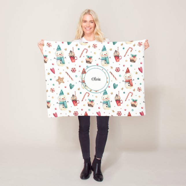 Name, Festive Fun Snowman Sweets Fleece Blanket (In Situ)