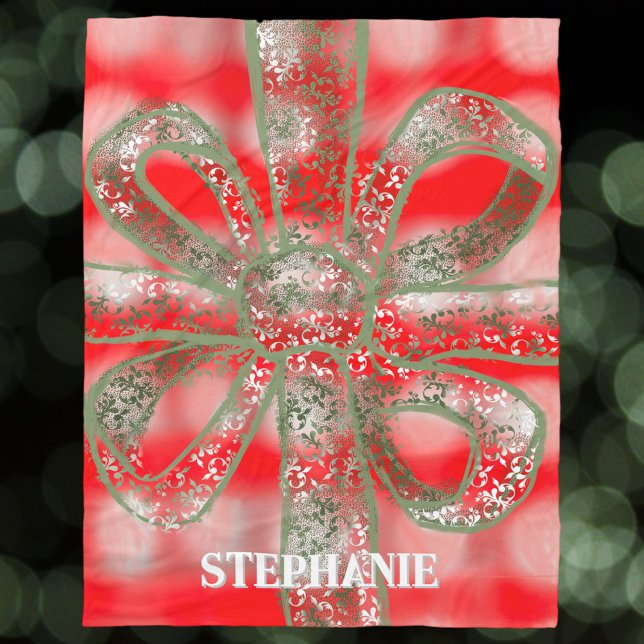 Name Festive Plaid Check Red White Cute Green Bow  Fleece Blanket (Creator Uploaded)
