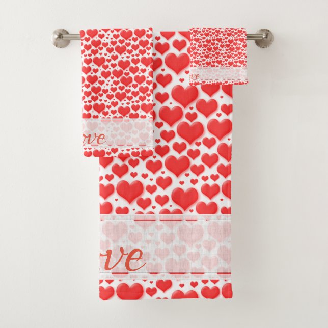 Name Floating Red Valentine's Day Hearts Pattern Bath Towel Set (Insitu)