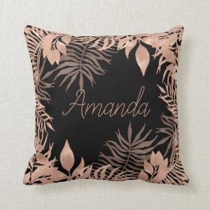 Name Floral Pink Rose Gold Tropical Black Cushion