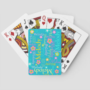 Name flower patterned yellow aqua playing cards
