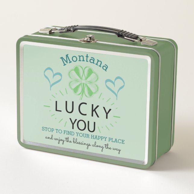 Name Four Leaf Clover Lucky You Typography Quotes Metal Lunch Box (Front)