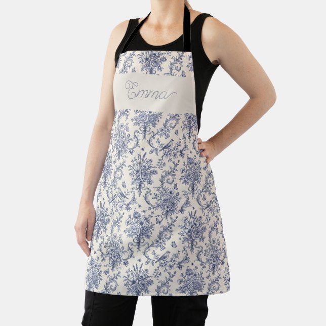 Name French Country Toile de Jouy Blue Pattern  Apron (Insitu)