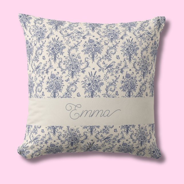 Name French Country Toile de Jouy Blue Pattern  Cushion (Creator Uploaded)