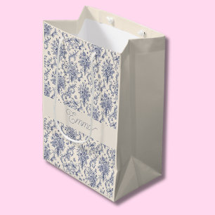 Name French Country Toile de Jouy Blue Pattern  Medium Gift Bag