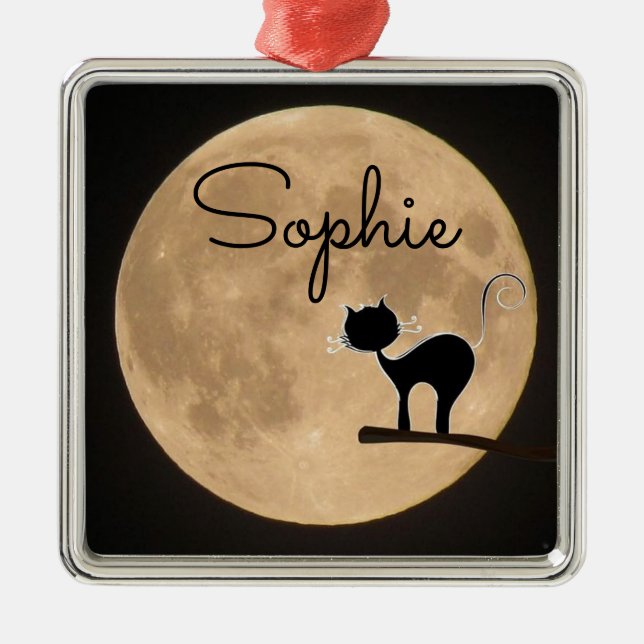 Name gift black cat with full moon metal tree decoration (Front)