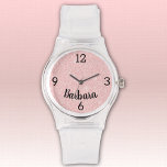 Name, Girly Pink Glitter Silicone Buckle Strap<br><div class="desc">A sporty watch with durable clear silicone buckle strap and pale pink faux glitter face. Name is a bold black script font. Easily change name,  replace with monogram initials or remove to make it yours using the Template provided. Choose from other styles and colours.</div>