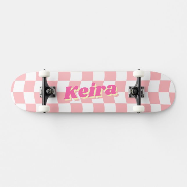 Name Girly Pink White Chequered Pattern Skateboard (Horz)