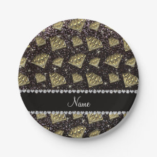 Name gold diamond black glitter paper plate