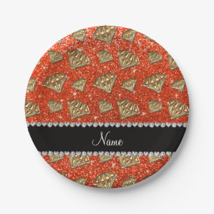Name gold diamond neon orange glitter paper plate