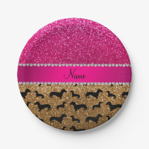 Name gold glitter dachshunds pink glitter paper plate