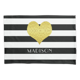 Name Gold Heart Black White Stripes Pattern Pillowcase
