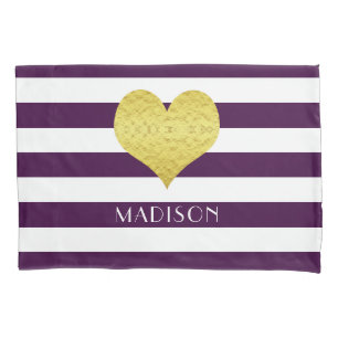 Name Gold Heart Purple White Stripes Pattern Pillowcase
