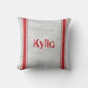 Name Grain Sack Red Vertical Stripes Cushion