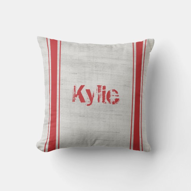 Name Grain Sack Red Vertical Stripes Cushion (Front)