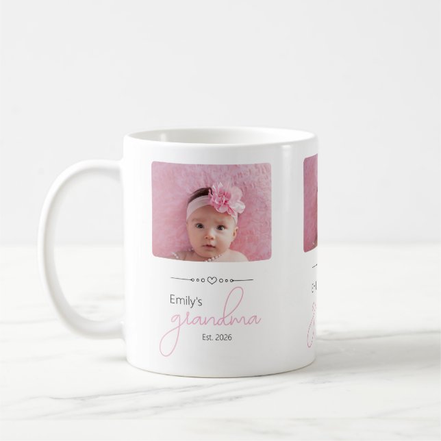 Name Grandma Established Year Photo Script Font Coffee Mug (Left)