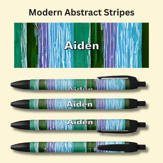 Name - Green & Blue Tones Abstract Stripes Black Ink Pen