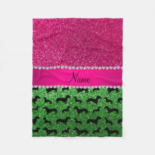 Name green glitter dachshunds pink glitter fleece blanket