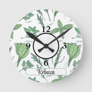 Name, Green Leafy Vegs & Herbs 8-in Acrylic Round Clock