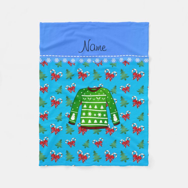 Name green ugly christmas sweater blue candy canes fleece blanket (Front)